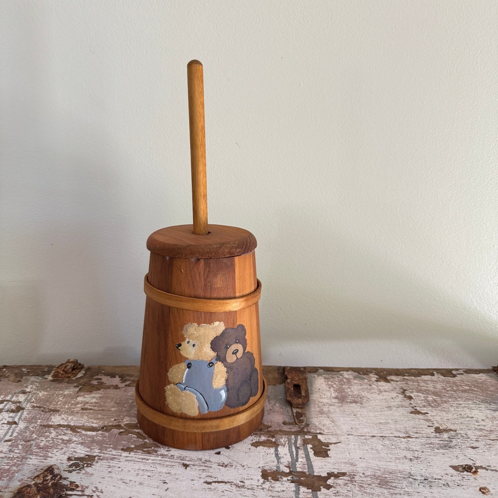 Vintage Hand Painted Wooden Butter Churn Teddy Bear Folk Art Primitive Decor